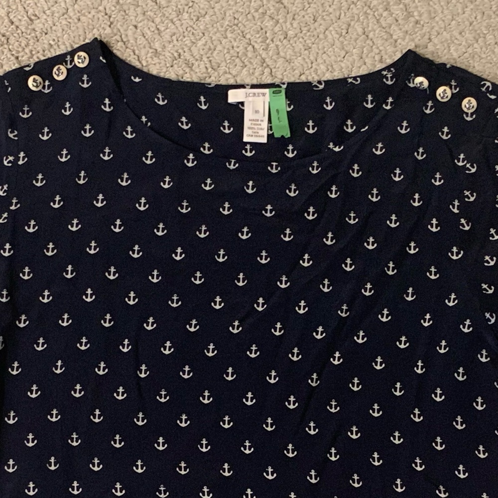 Women’s J Crew Nautical Navy Blouse, 100% Silk, Anchors, Size 10